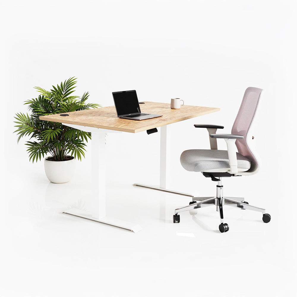 Ергономичен стол ChairPro 1000 W - светло сив (Цвят): Сив | Височинно регулируемо бюро Ergo Desk Pro (Цвят на основата): Бял | Цвят на плота: Дъб Небраска натур
