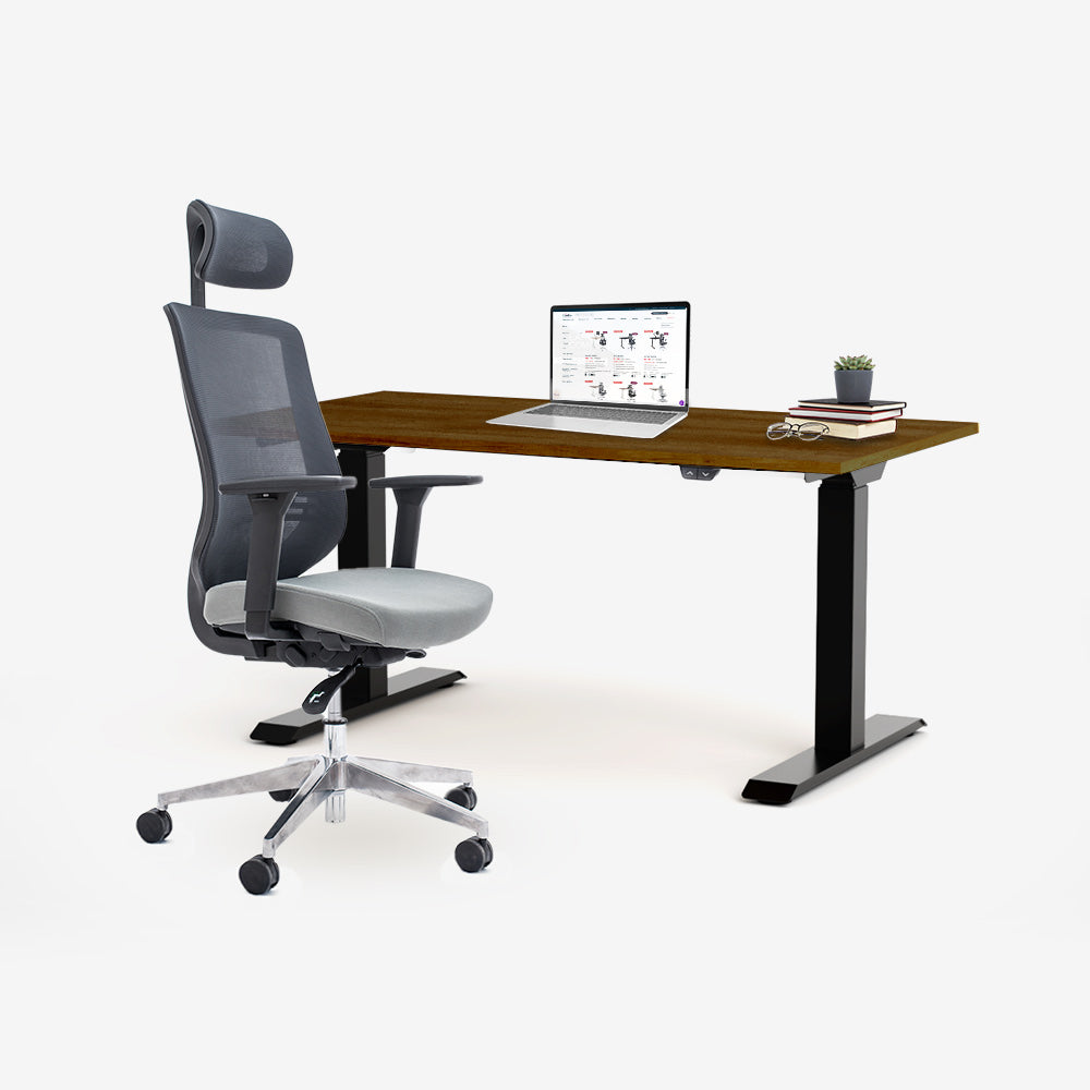 Ергономичен офис стол ChairPro 1000 H (Цвят): Сив | Височинно регулируемо бюро Ergo Desk Basic (Цвят на основата): Черен | Цвят на плота: Орех Пасифик табак