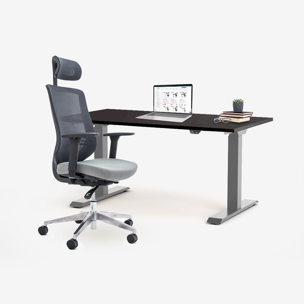 Ергономичен офис стол ChairPro 1000 H (Цвят): Сив | Височинно регулируемо бюро Ergo Desk Basic (Цвят на основата): Сив | Цвят на плота: Черен