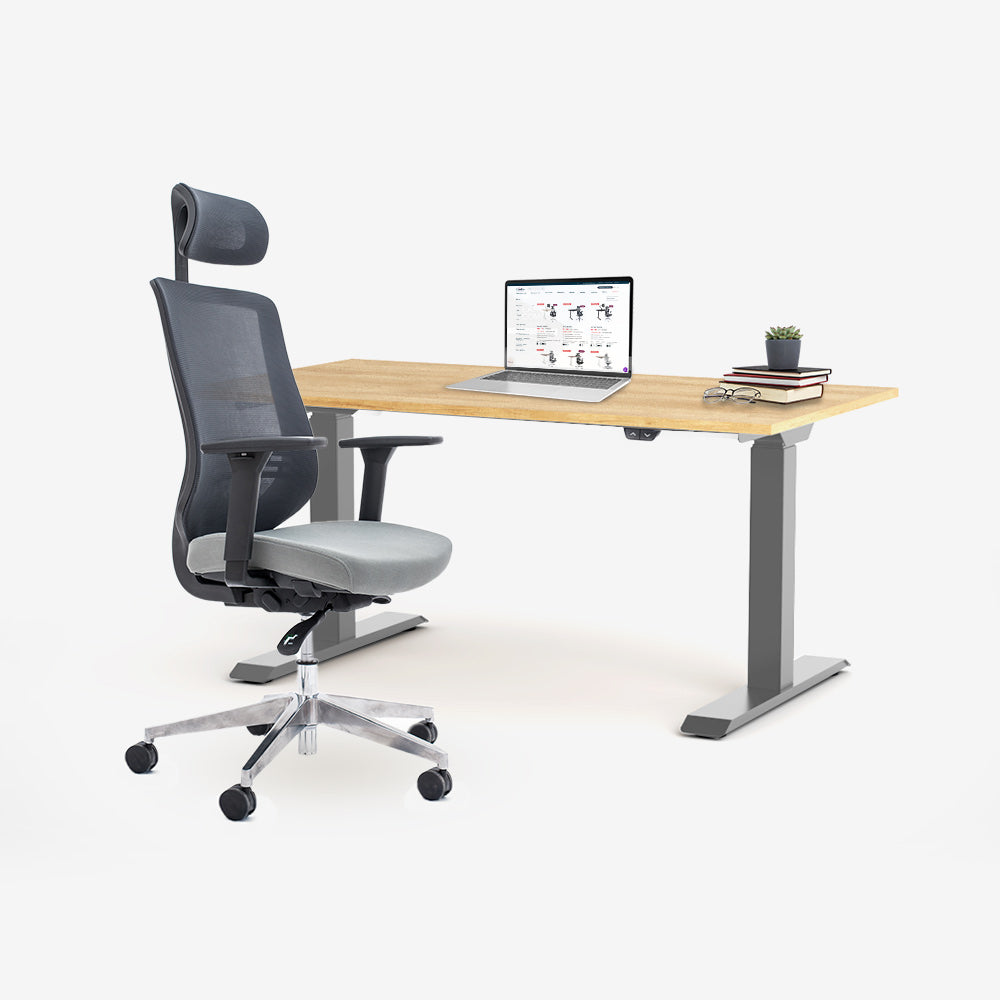 Ергономичен офис стол ChairPro 1000 H (Цвят): Сив | Височинно регулируемо бюро Ergo Desk Basic (Цвят на основата): Сив | Цвят на плота: Дъб Небраска натур