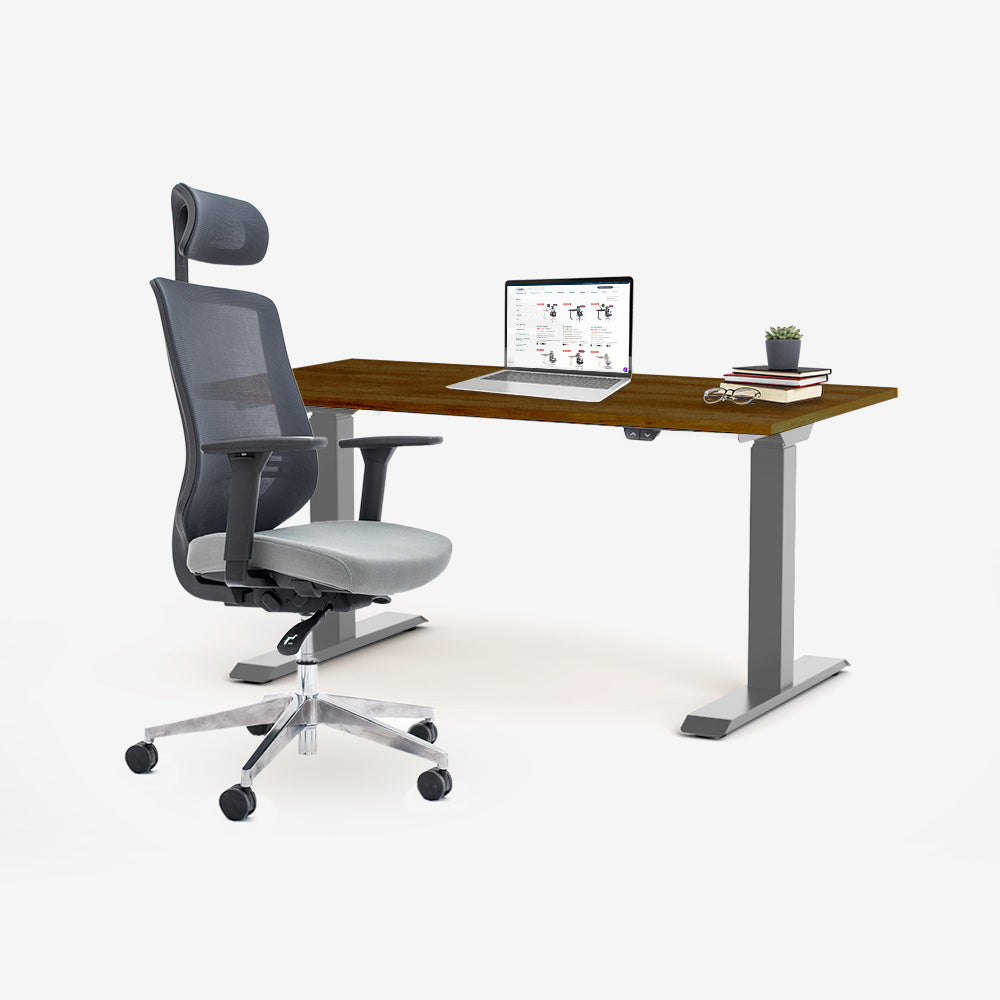 Ергономичен офис стол ChairPro 1000 H (Цвят): Сив | Височинно регулируемо бюро Ergo Desk Basic (Цвят на основата): Сив | Цвят на плота: Орех Пасифик табак