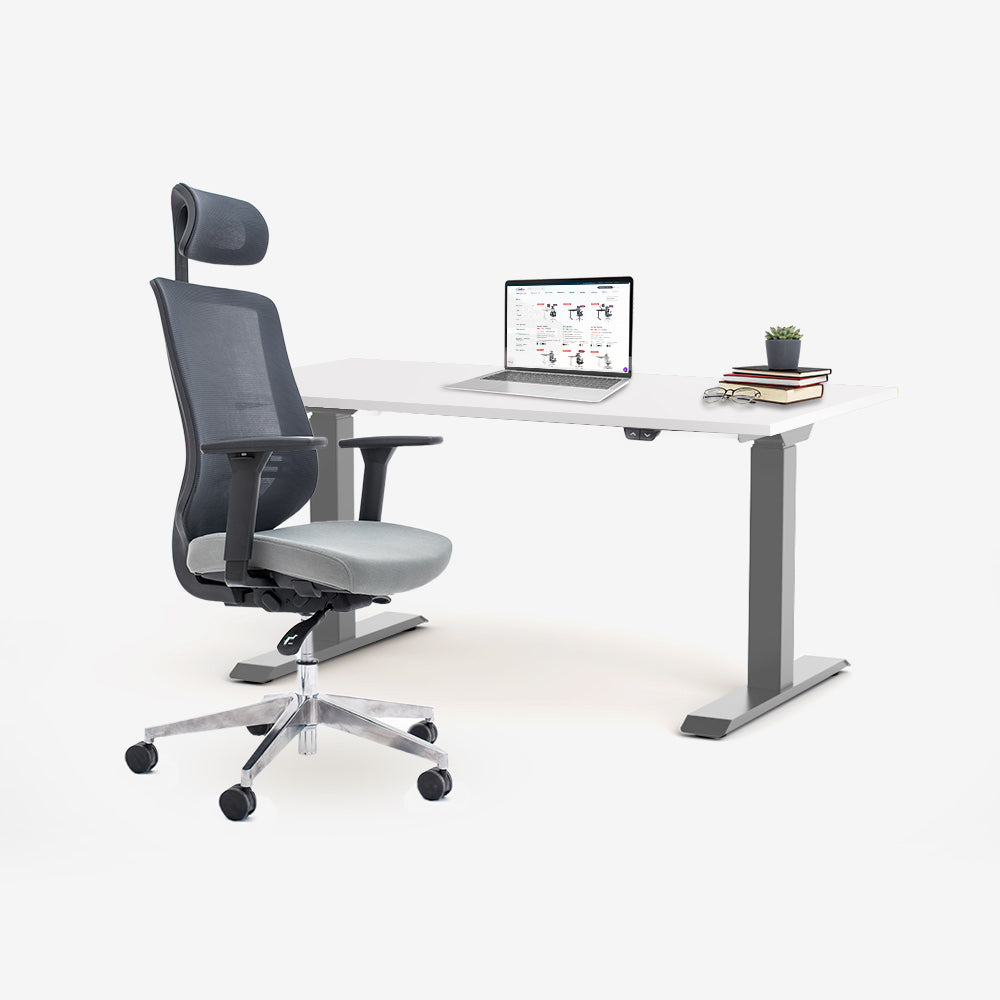 Ергономичен офис стол ChairPro 1000 H (Цвят): Сив | Височинно регулируемо бюро Ergo Desk Basic (Цвят на основата): Сив | Цвят на плота: Бял шагрен