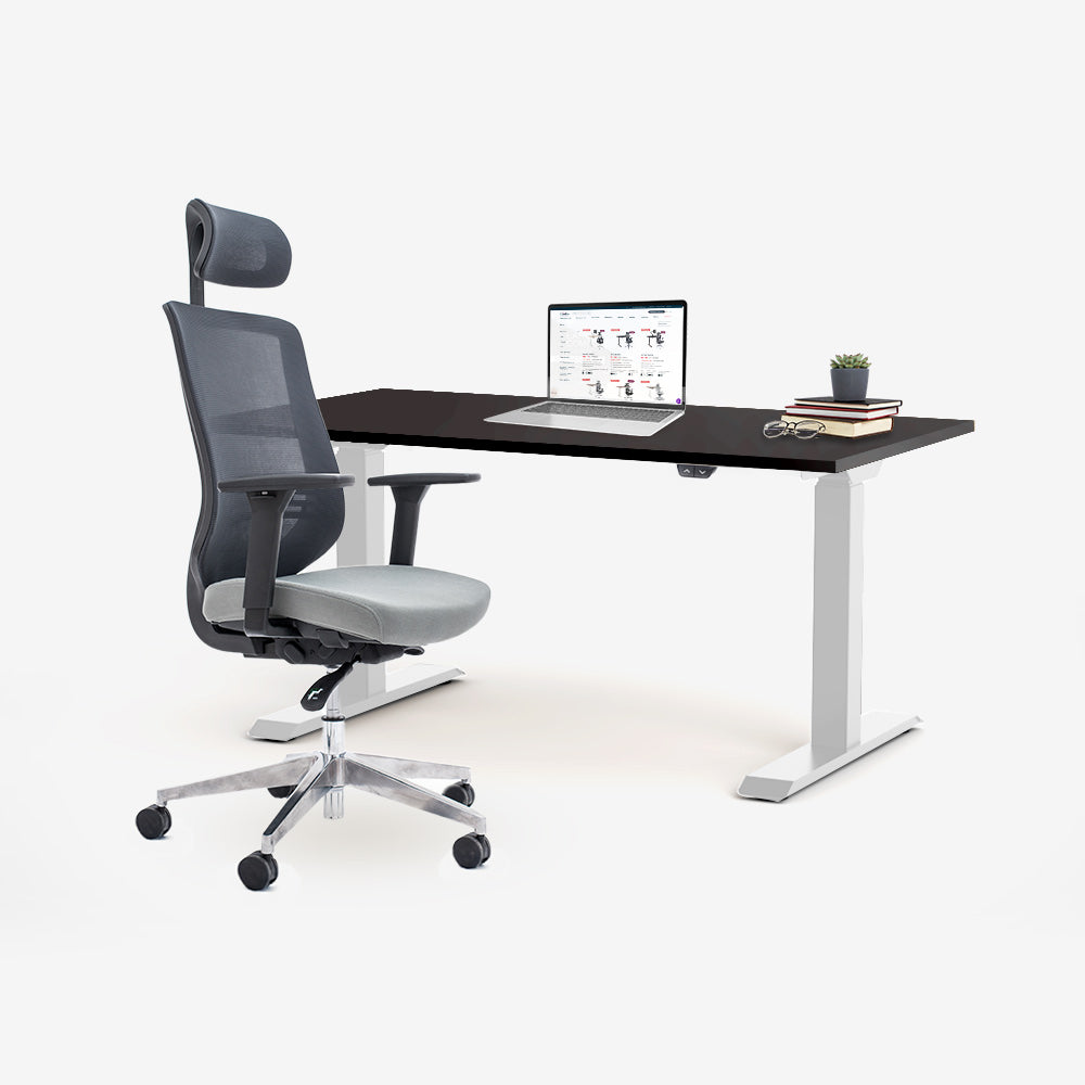 Ергономичен офис стол ChairPro 1000 H (Цвят): Сив | Височинно регулируемо бюро Ergo Desk Basic (Цвят на основата): Бял | Цвят на плота: Черен