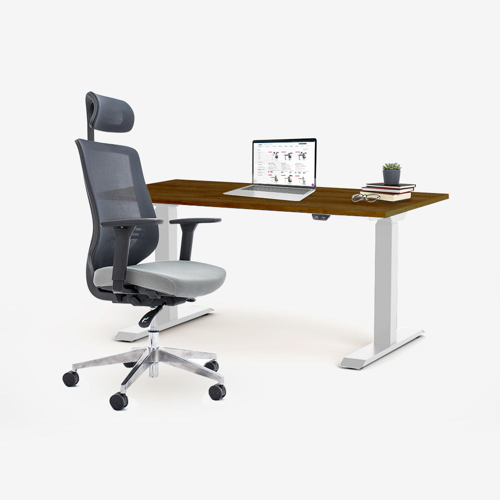 Ергономичен офис стол ChairPro 1000 H (Цвят): Сив | Височинно регулируемо бюро Ergo Desk Basic (Цвят на основата): Бял | Цвят на плота: Орех Пасифик табак