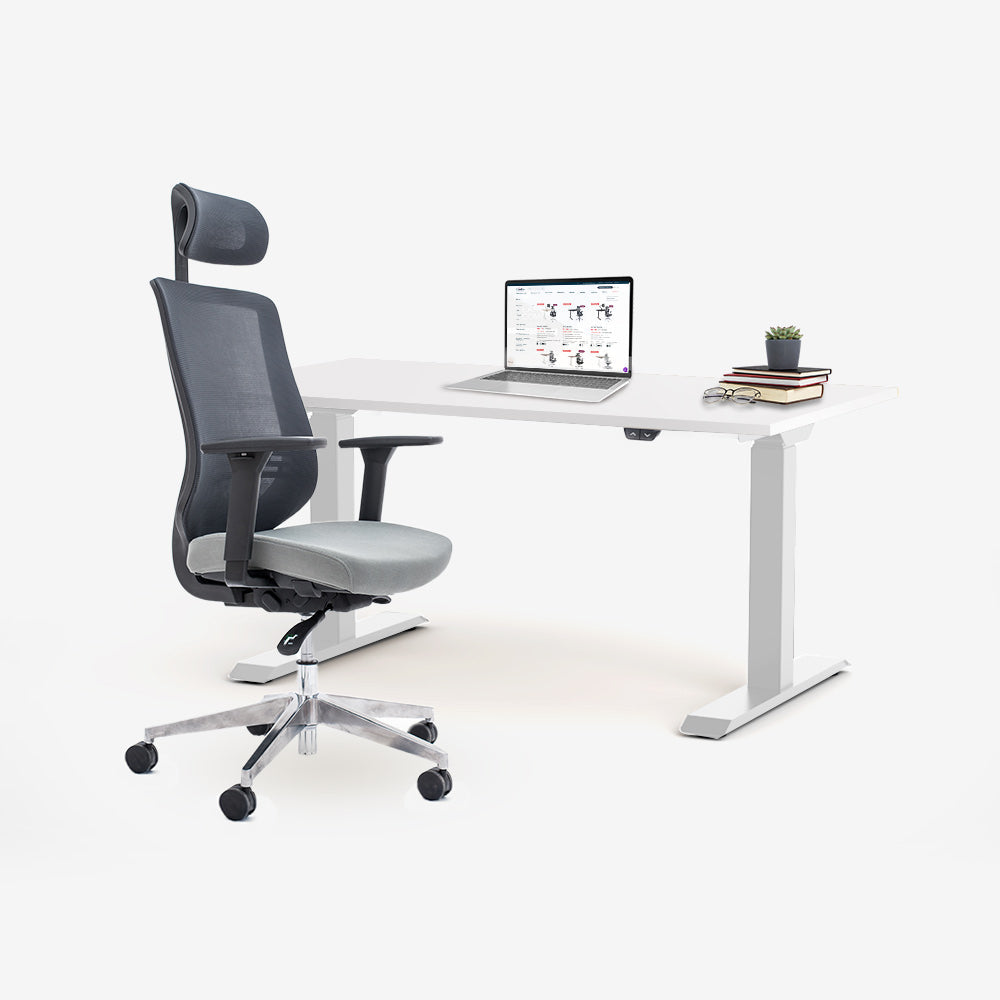 Ергономичен офис стол ChairPro 1000 H (Цвят): Сив | Височинно регулируемо бюро Ergo Desk Basic (Цвят на основата): Бял | Цвят на плота: Бял шагрен