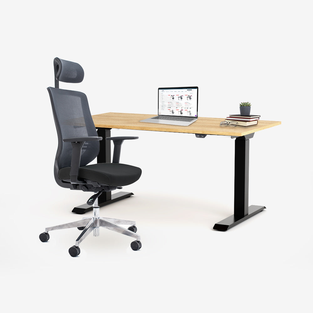 Ергономичен офис стол ChairPro 1000 H (Цвят): Черен | Височинно регулируемо бюро Ergo Desk Basic (Цвят на основата): Черен | Цвят на плота: Дъб Небраска натур