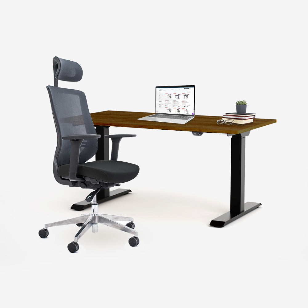 Ергономичен офис стол ChairPro 1000 H (Цвят): Черен | Височинно регулируемо бюро Ergo Desk Basic (Цвят на основата): Черен | Цвят на плота: Орех Пасифик табак