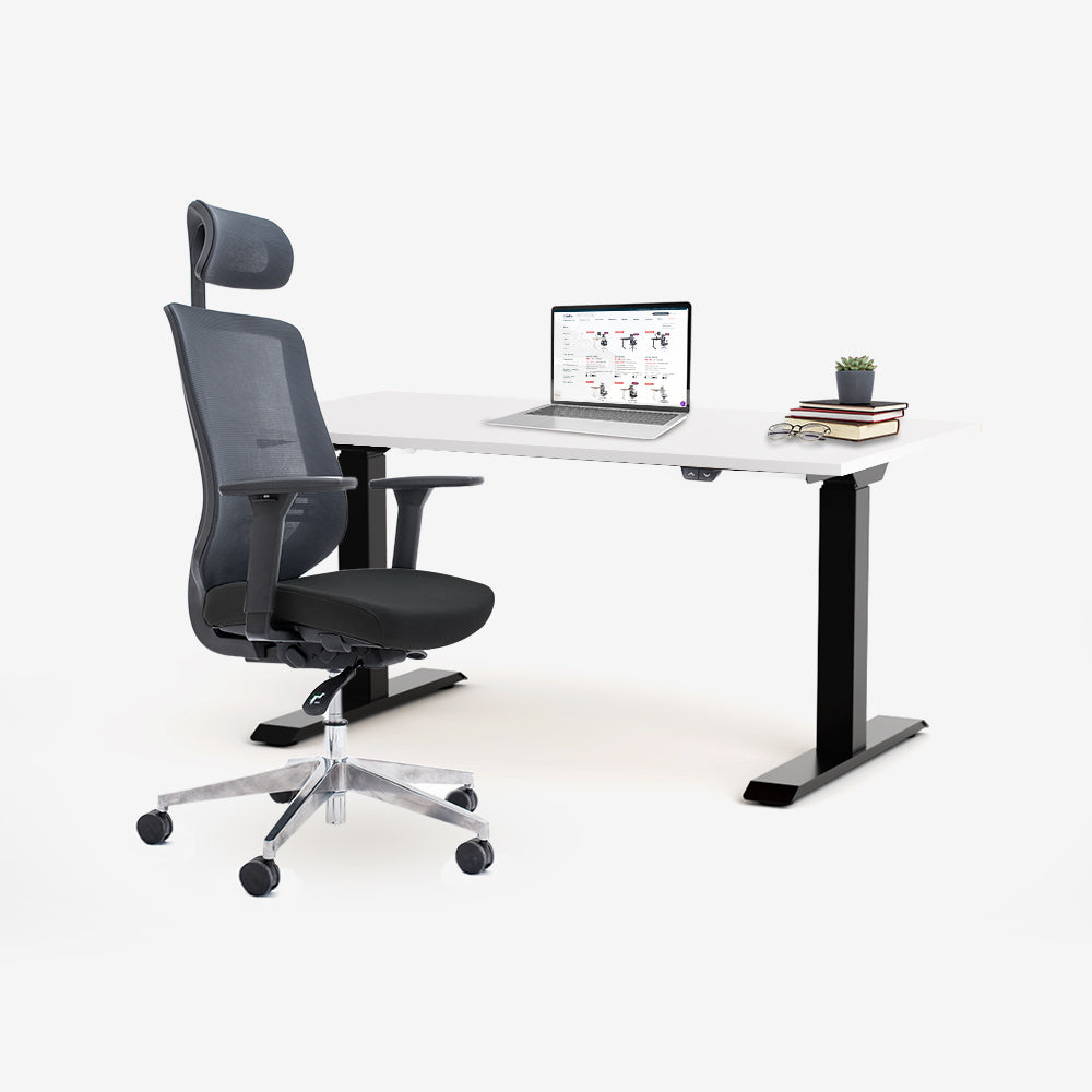 Ергономичен офис стол ChairPro 1000 H (Цвят): Черен | Височинно регулируемо бюро Ergo Desk Basic (Цвят на основата): Черен | Цвят на плота: Бял шагрен