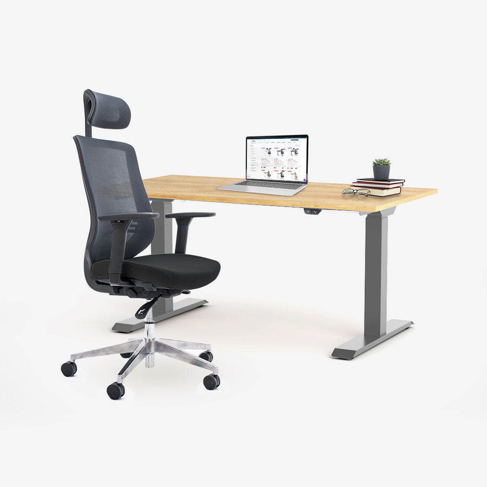 Ергономичен офис стол ChairPro 1000 H (Цвят): Черен | Височинно регулируемо бюро Ergo Desk Basic (Цвят на основата): Сив | Цвят на плота: Дъб Небраска натур