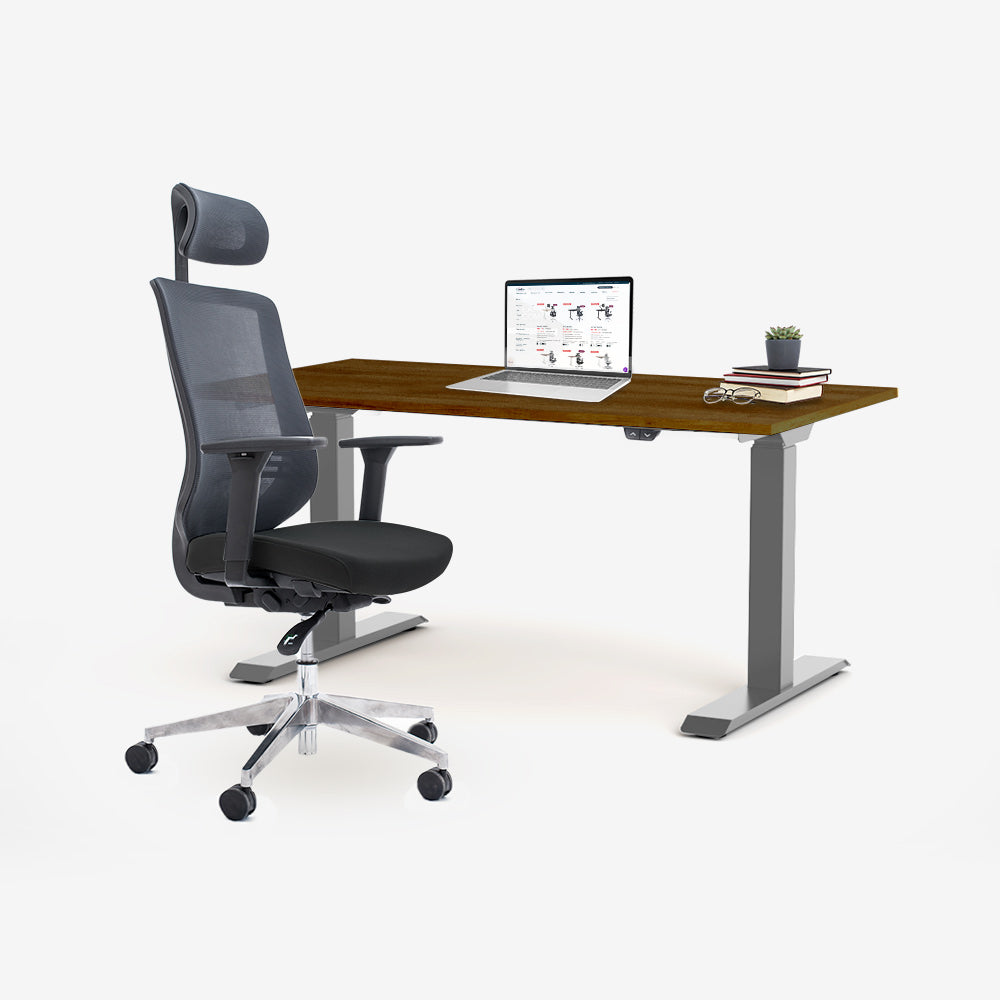 Ергономичен офис стол ChairPro 1000 H (Цвят): Черен | Височинно регулируемо бюро Ergo Desk Basic (Цвят на основата): Сив | Цвят на плота: Орех Пасифик табак