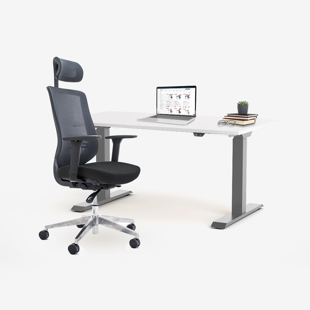 Ергономичен офис стол ChairPro 1000 H (Цвят): Черен | Височинно регулируемо бюро Ergo Desk Basic (Цвят на основата): Сив | Цвят на плота: Бял шагрен