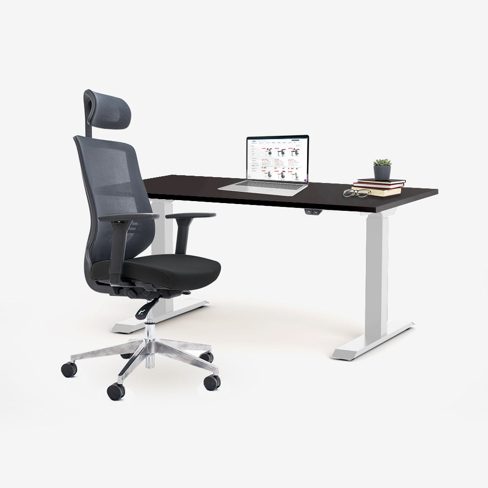 Ергономичен офис стол ChairPro 1000 H (Цвят): Черен | Височинно регулируемо бюро Ergo Desk Basic (Цвят на основата): Бял | Цвят на плота: Черен