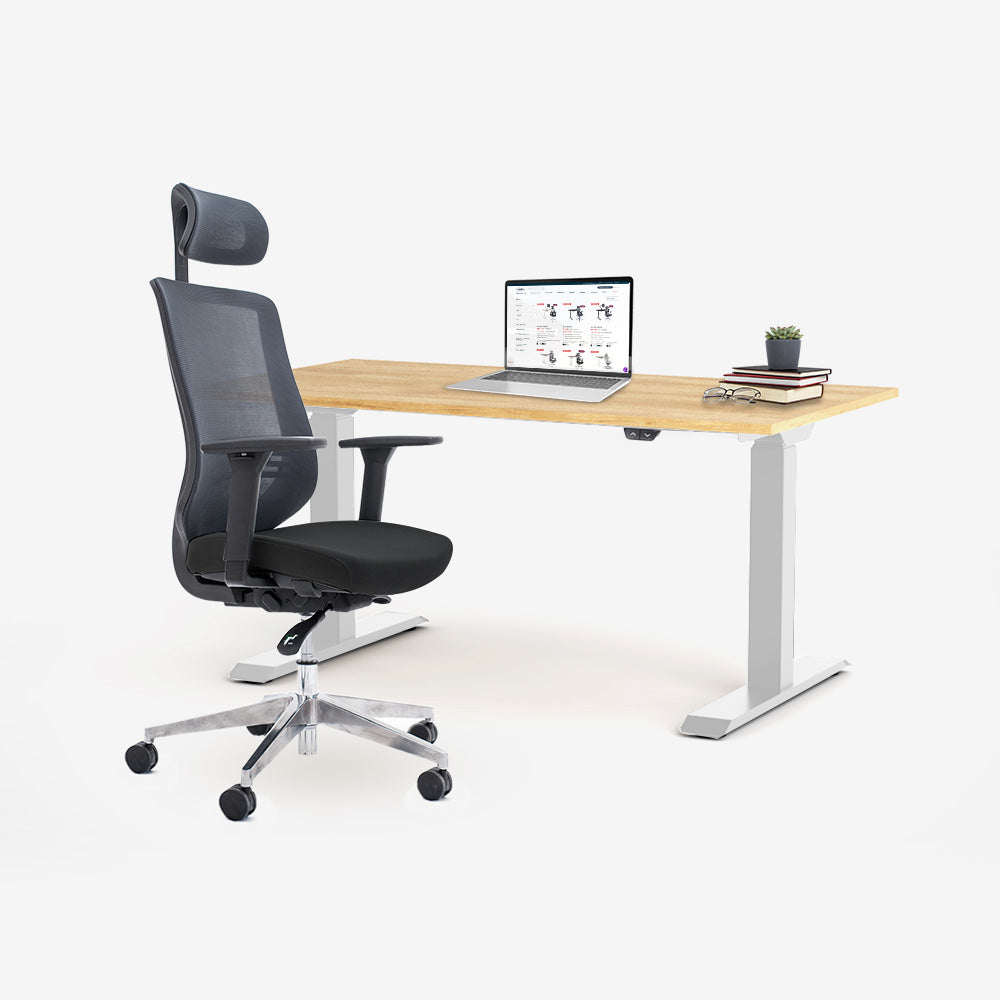 Ергономичен офис стол ChairPro 1000 H (Цвят): Черен | Височинно регулируемо бюро Ergo Desk Basic (Цвят на основата): Бял | Цвят на плота: Дъб Небраска натур