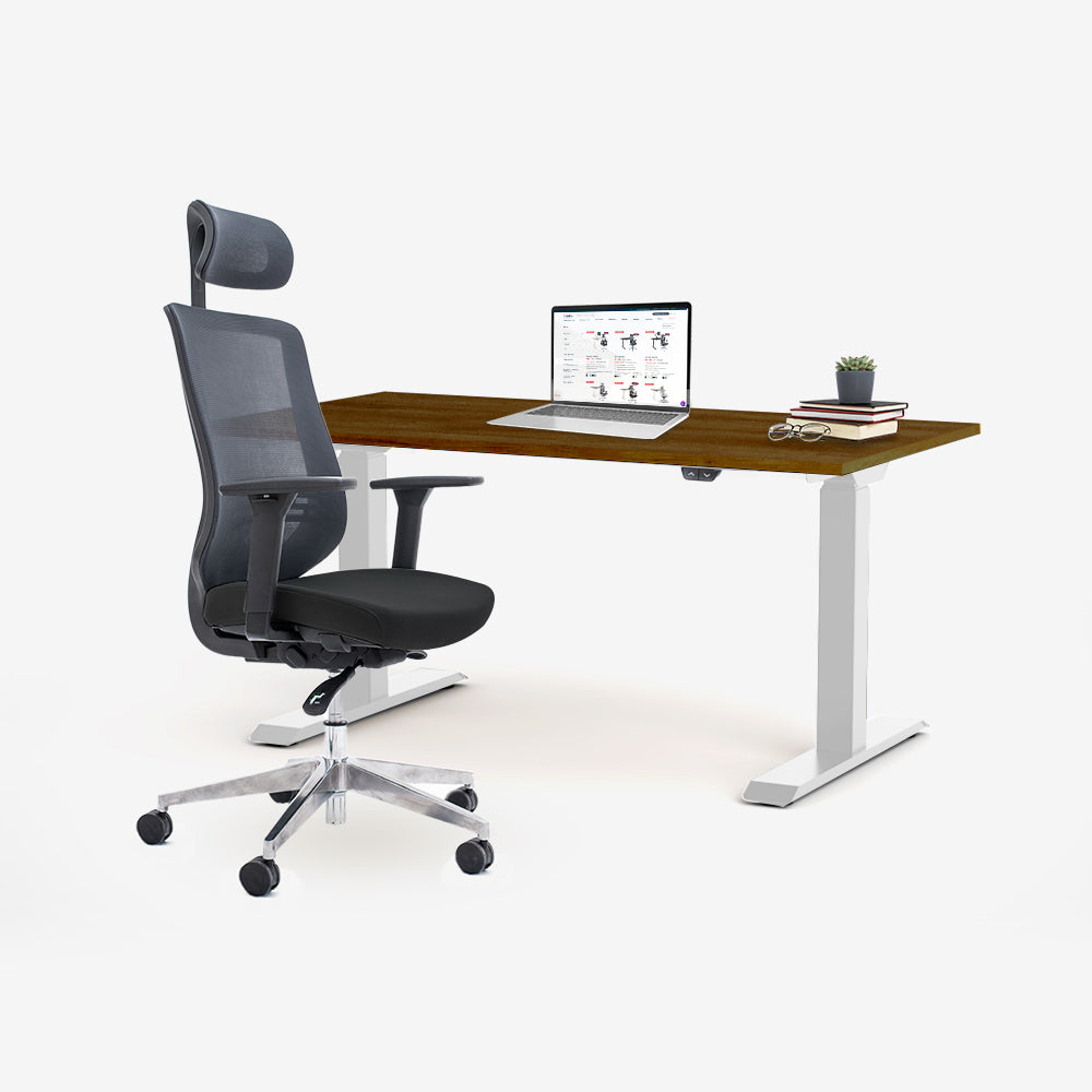 Ергономичен офис стол ChairPro 1000 H (Цвят): Черен | Височинно регулируемо бюро Ergo Desk Basic (Цвят на основата): Бял | Цвят на плота: Орех Пасифик табак