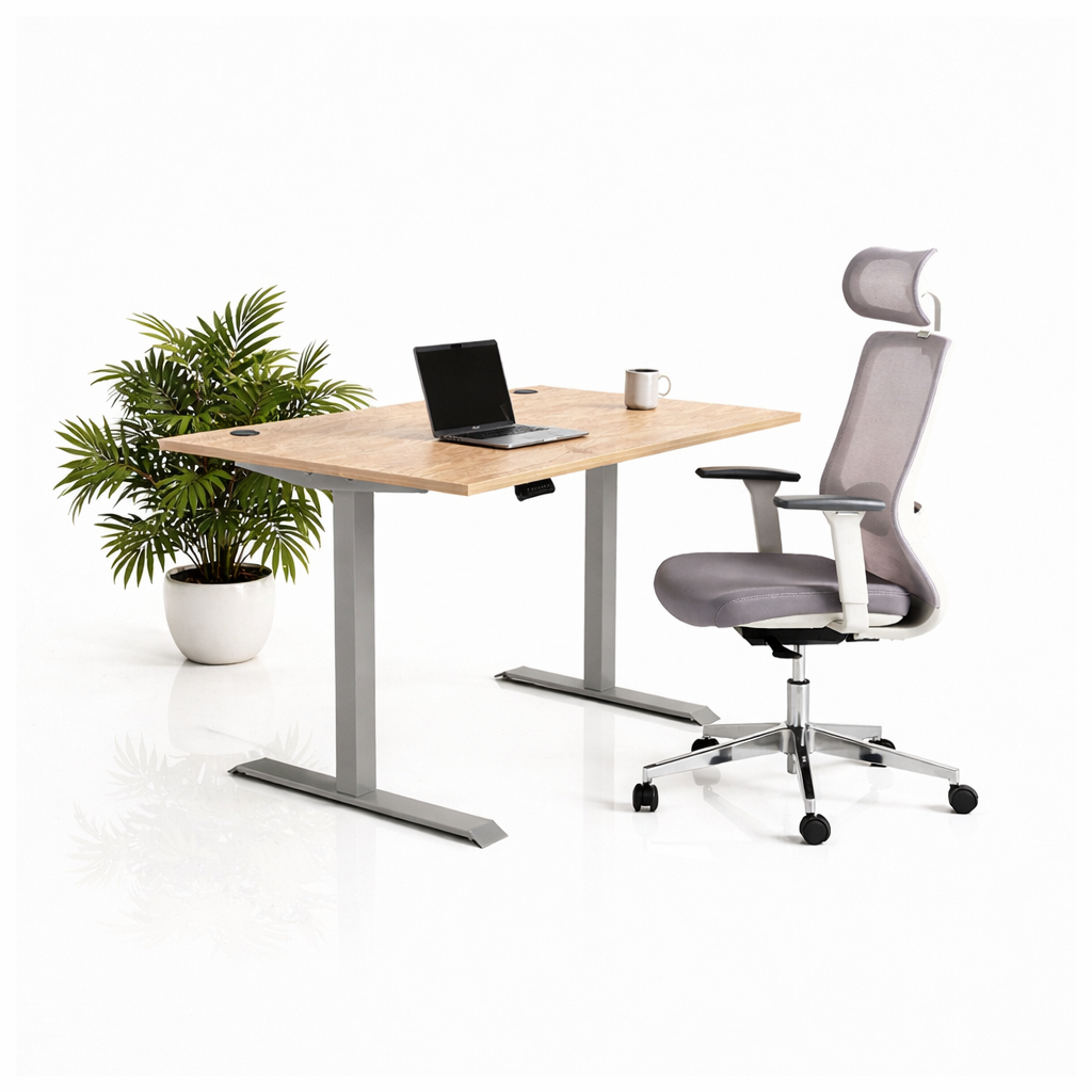 Ергономичен стол ChairPro Nexus Edition (Цвят): Светло Сив | Височинно регулируемо бюро Ergo Desk Pro (Цвят на основата): Сив | Цвят на плота: Дъб Небраска натур