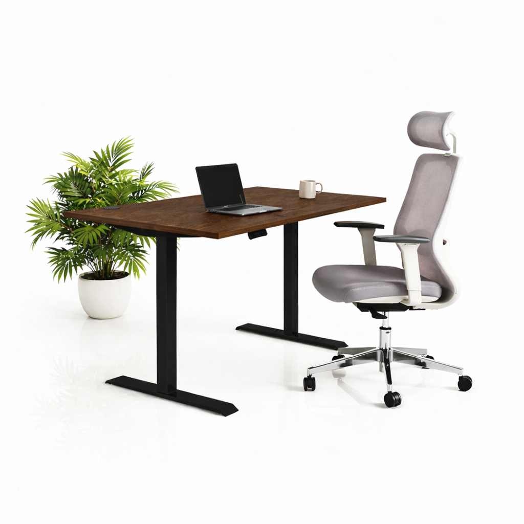 Ергономичен стол ChairPro Nexus Edition (Цвят): Светло Сив | Височинно регулируемо бюро Ergo Desk Pro (Цвят на основата): Черен | Цвят на плота: Орех Пасифик табак