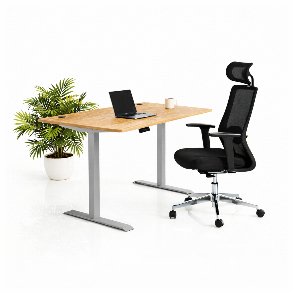 Ергономичен стол ChairPro Nexus Edition (Цвят): Черен | Височинно регулируемо бюро Ergo Desk Pro (Цвят на основата): Сив | Цвят на плота: Дъб Небраска натур