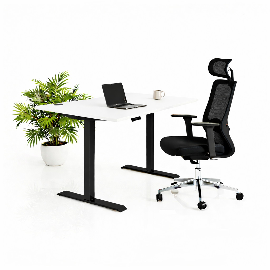 Ергономичен стол ChairPro Nexus Edition (Цвят): Черен | Височинно регулируемо бюро Ergo Desk Pro (Цвят на основата): Черен | Цвят на плота: Бял шагрен