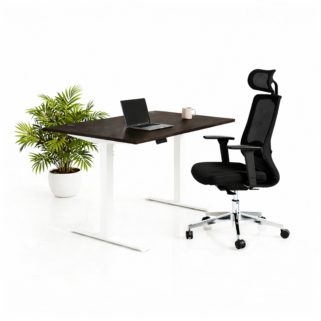 Ергономичен стол ChairPro Nexus Edition (Цвят): Черен | Височинно регулируемо бюро Ergo Desk Pro (Цвят на основата): Бял | Цвят на плота: Орех Пасифик табак