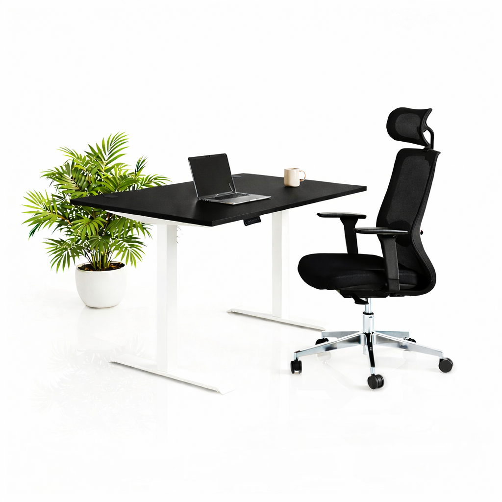 Ергономичен стол ChairPro Nexus Edition (Цвят): Черен | Височинно регулируемо бюро Ergo Desk Pro (Цвят на основата): Бял | Цвят на плота: Черен