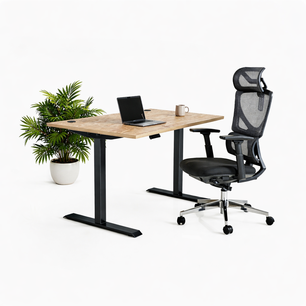 Ергономичен стол ErgoPro Lite - текстилна седалка | Височинно регулируемо бюро Ergo Desk Pro (Цвят на основата): Черен | Цвят на плота: Дъб Небраска натур