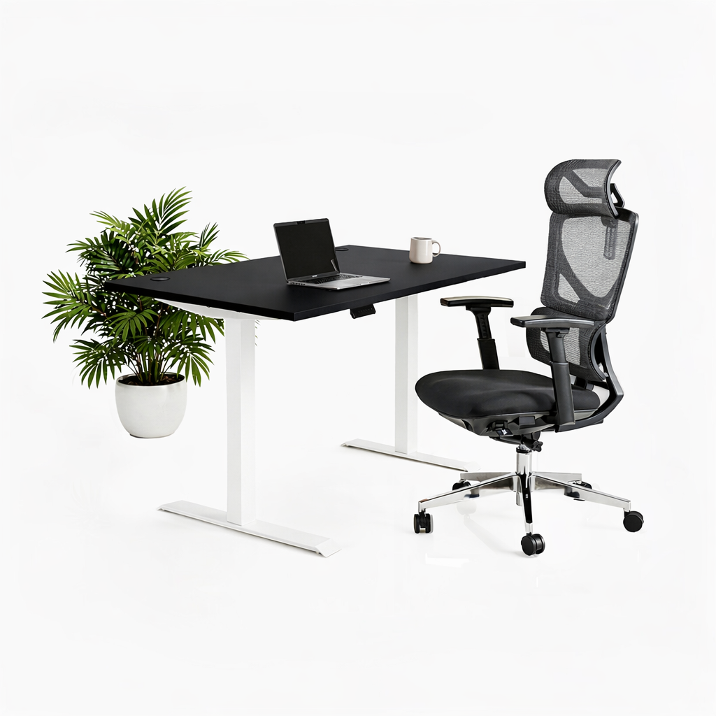 Ергономичен стол ErgoPro Lite - текстилна седалка | Височинно регулируемо бюро Ergo Desk Pro (Цвят на основата): Бял | Цвят на плота: Черен