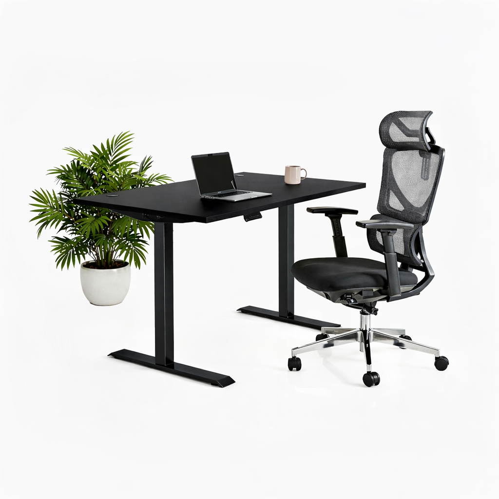 Ергономичен стол ErgoPro Lite - текстилна седалка | Височинно регулируемо бюро Ergo Desk Pro (Цвят на основата): Черен | Цвят на плота: Черен