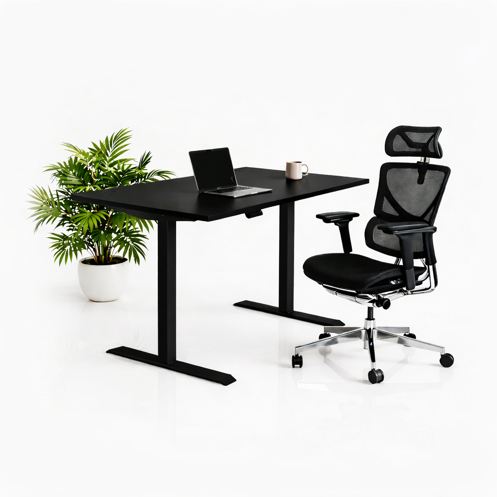 Ергономичен стол ErgoPro Ultra (Цвят): Черен | Височинно регулируемо бюро Ergo Desk Pro (Цвят на основата): Черен | Цвят на плота: Черен