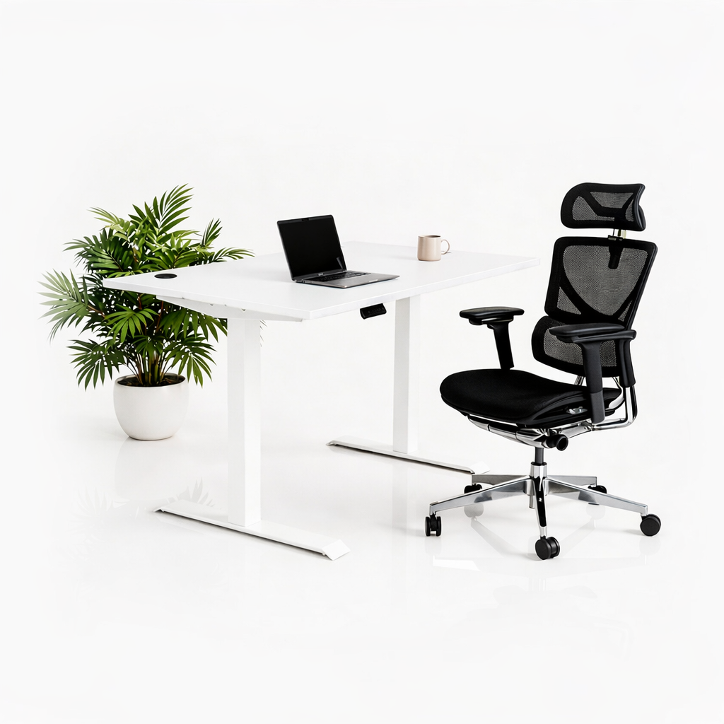 Ергономичен стол ErgoPro Ultra (Цвят): Черен | Височинно регулируемо бюро Ergo Desk Pro (Цвят на основата): Бял | Цвят на плота: Бял шагрен