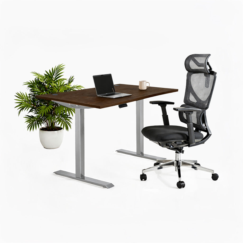 Ергономичен стол ErgoPro Lite - текстилна седалка | Височинно регулируемо бюро Ergo Desk Pro (Цвят на основата): Сив | Цвят на плота: Дъб Небраска натур