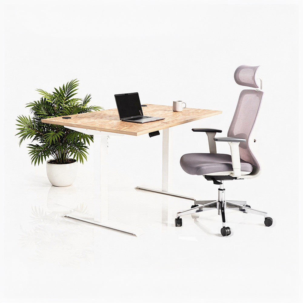 Ергономичен стол ChairPro Nexus Edition (Цвят): Светло Сив | Височинно регулируемо бюро Ergo Desk Pro (Цвят на основата): Бял | Цвят на плота: Дъб Небраска натур