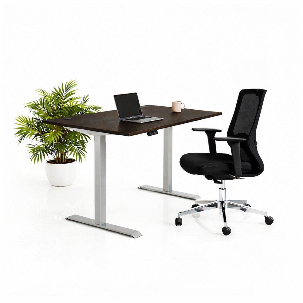 Ергономичен стол ChairPro Nexus Edition (Цвят): Черен | Височинно регулируемо бюро Ergo Desk Pro (Цвят на основата): Сив | Цвят на плота: Орех Пасифик табак