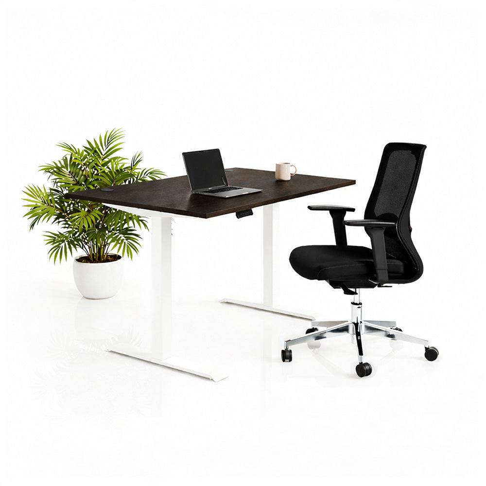 Ергономичен стол ChairPro Nexus Edition (Цвят): Черен | Височинно регулируемо бюро Ergo Desk Pro (Цвят на основата): Бял | Цвят на плота: Орех Пасифик табак