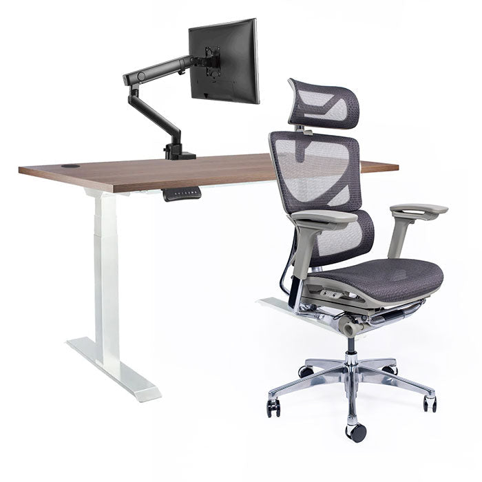 Ергономичен стол Ergo Pro Ultra (Цвят): Сив | Ergo Desk Pro (Цвят на основата): Бял | Sigma (Цвят): Черен | Цвят на плота: Орех Пасифик табак