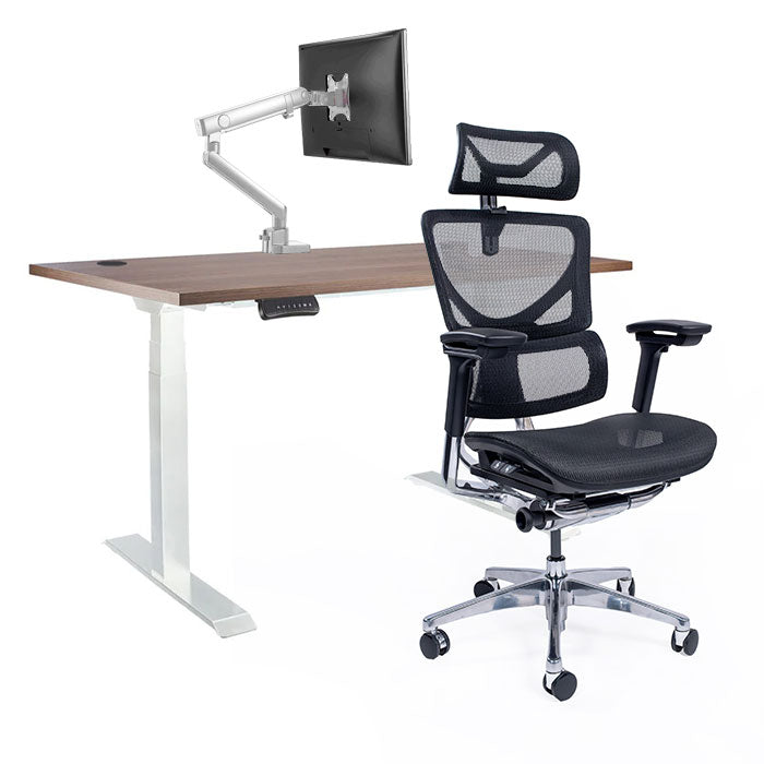 Ергономичен стол Ergo Pro Ultra (Цвят): Черен | Ergo Desk Pro (Цвят на основата): Бял | Sigma (Цвят): Бял | Цвят на плота: Орех Пасифик табак