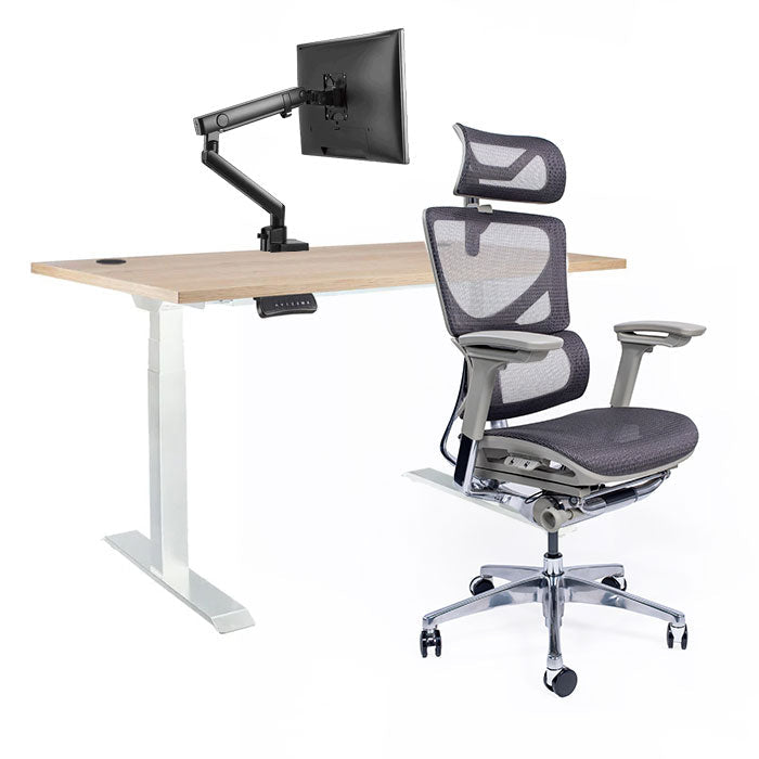 Ергономичен стол Ergo Pro Ultra (Цвят): Сив | Ergo Desk Pro (Цвят на основата): Бял | Sigma (Цвят): Черен | Цвят на плота: Дъб Небраска натур