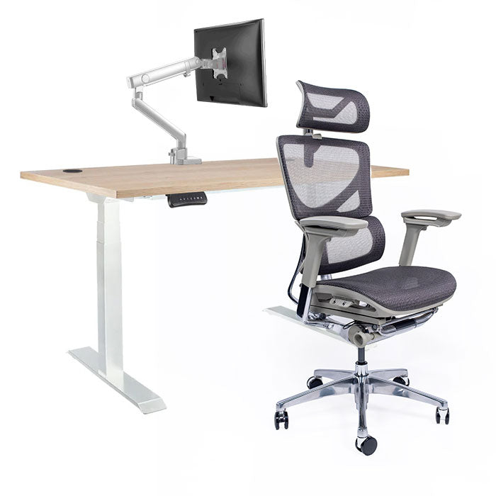 Ергономичен стол Ergo Pro Ultra (Цвят): Сив | Ergo Desk Pro (Цвят на основата): Бял | Sigma (Цвят): Бял | Цвят на плота: Дъб Небраска натур