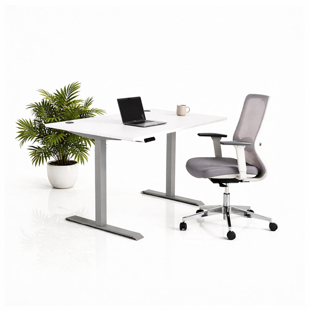 Ергономичен стол ChairPro Nexus Edition (Цвят): Светло Сив | Височинно регулируемо бюро Ergo Desk Pro (Цвят на основата): Сив | Цвят на плота: Бял шагрен