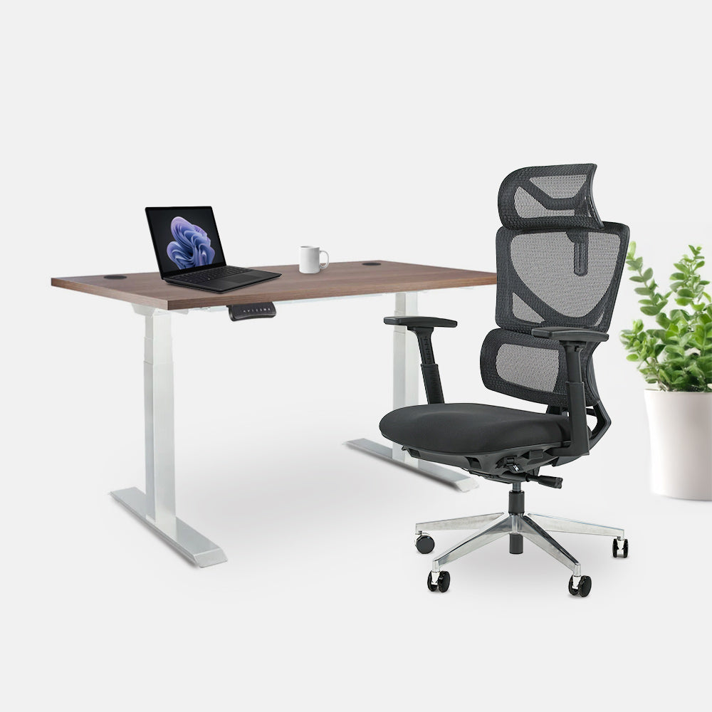 Ергономичен офис стол ErgoPro Lite (Цвят): Черен | Височинно регулируемо бюро Ergo Desk Pro (Цвят на основата): Бял | Цвят на плота: Орех Пасифик табак