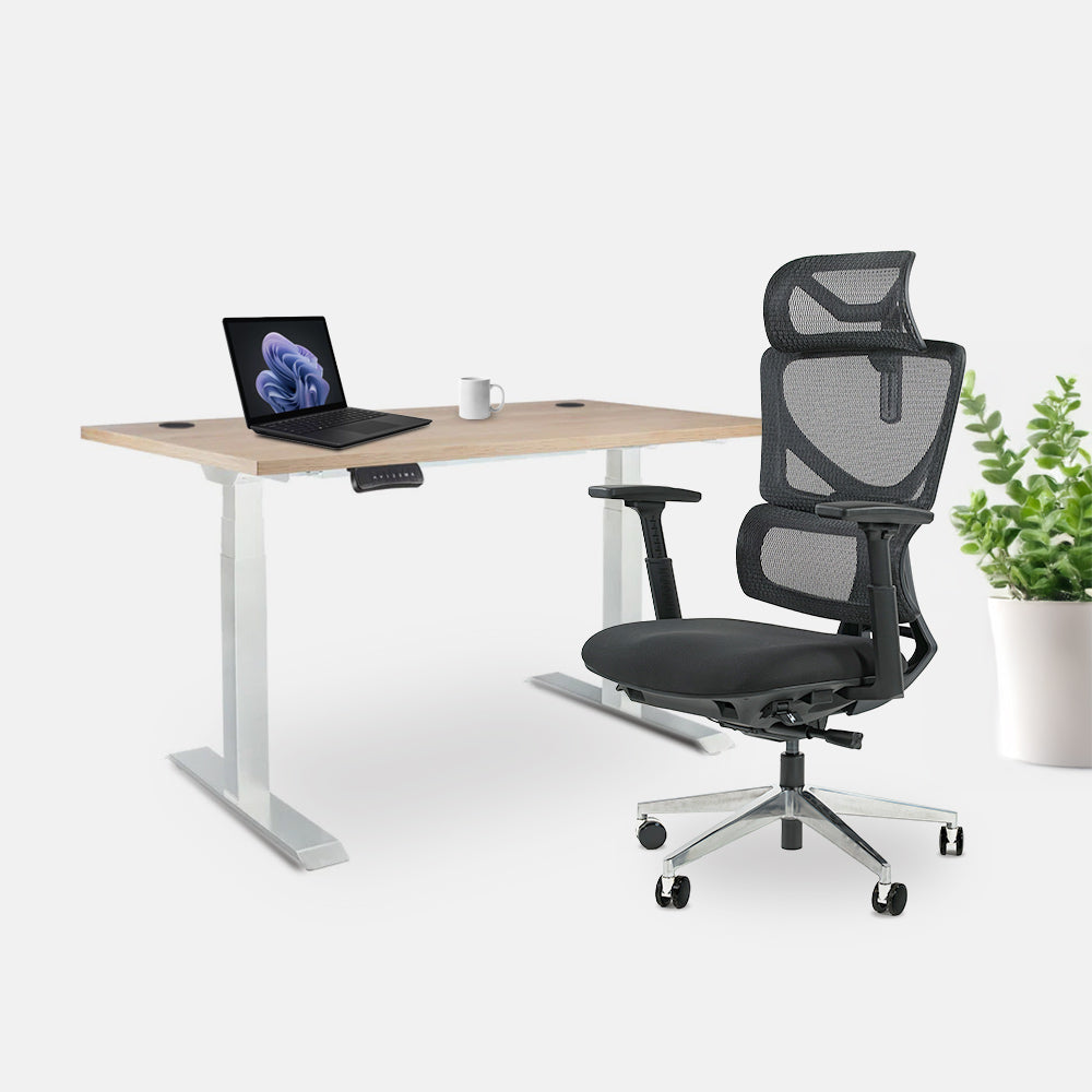 Ергономичен офис стол ErgoPro Lite (Цвят): Черен | Височинно регулируемо бюро Ergo Desk Pro (Цвят на основата): Бял | Цвят на плота: Дъб Небраска натур