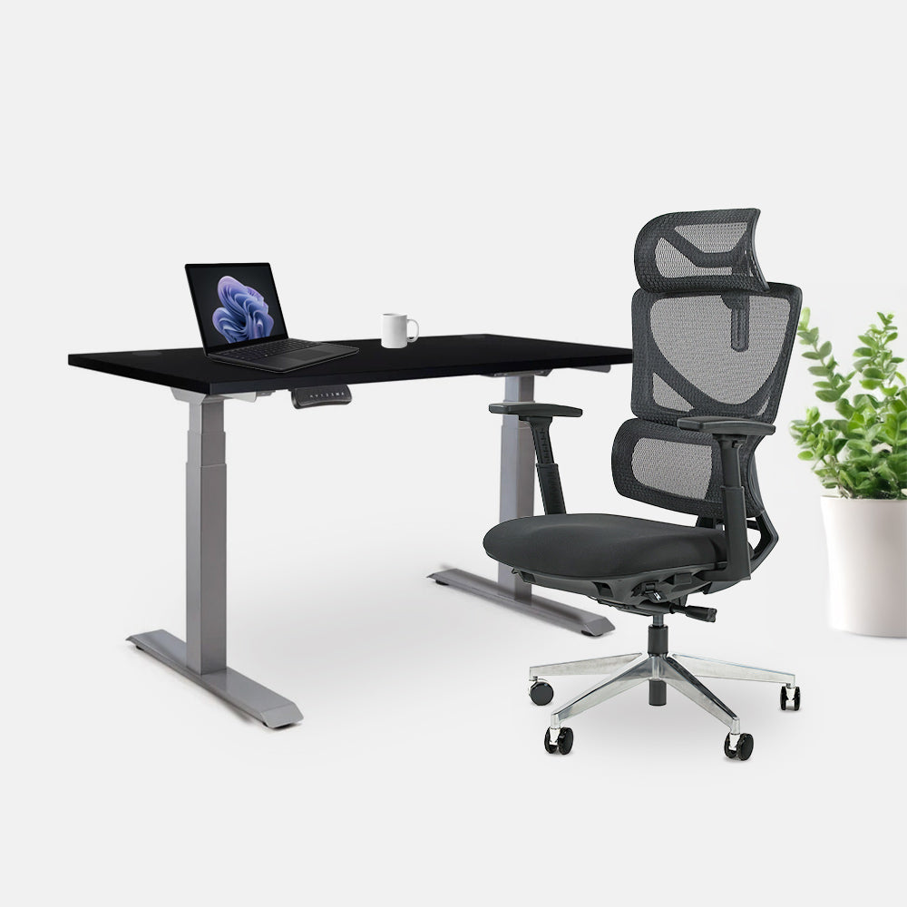 Ергономичен офис стол ErgoPro Lite (Цвят): Черен | Височинно регулируемо бюро Ergo Desk Pro (Цвят на основата): Сив | Цвят на плота: Черен