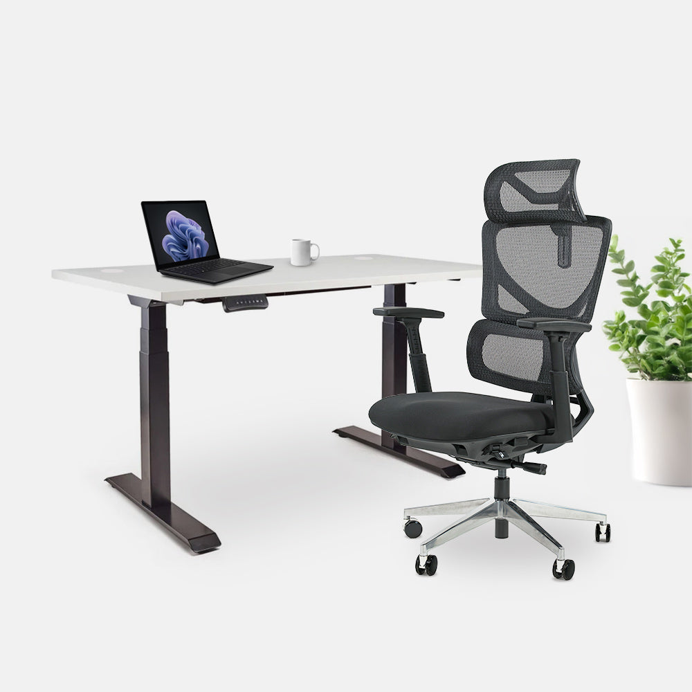 Ергономичен офис стол ErgoPro Lite (Цвят): Черен | Височинно регулируемо бюро Ergo Desk Pro (Цвят на основата): Черен | Цвят на плота: Бял шагрен