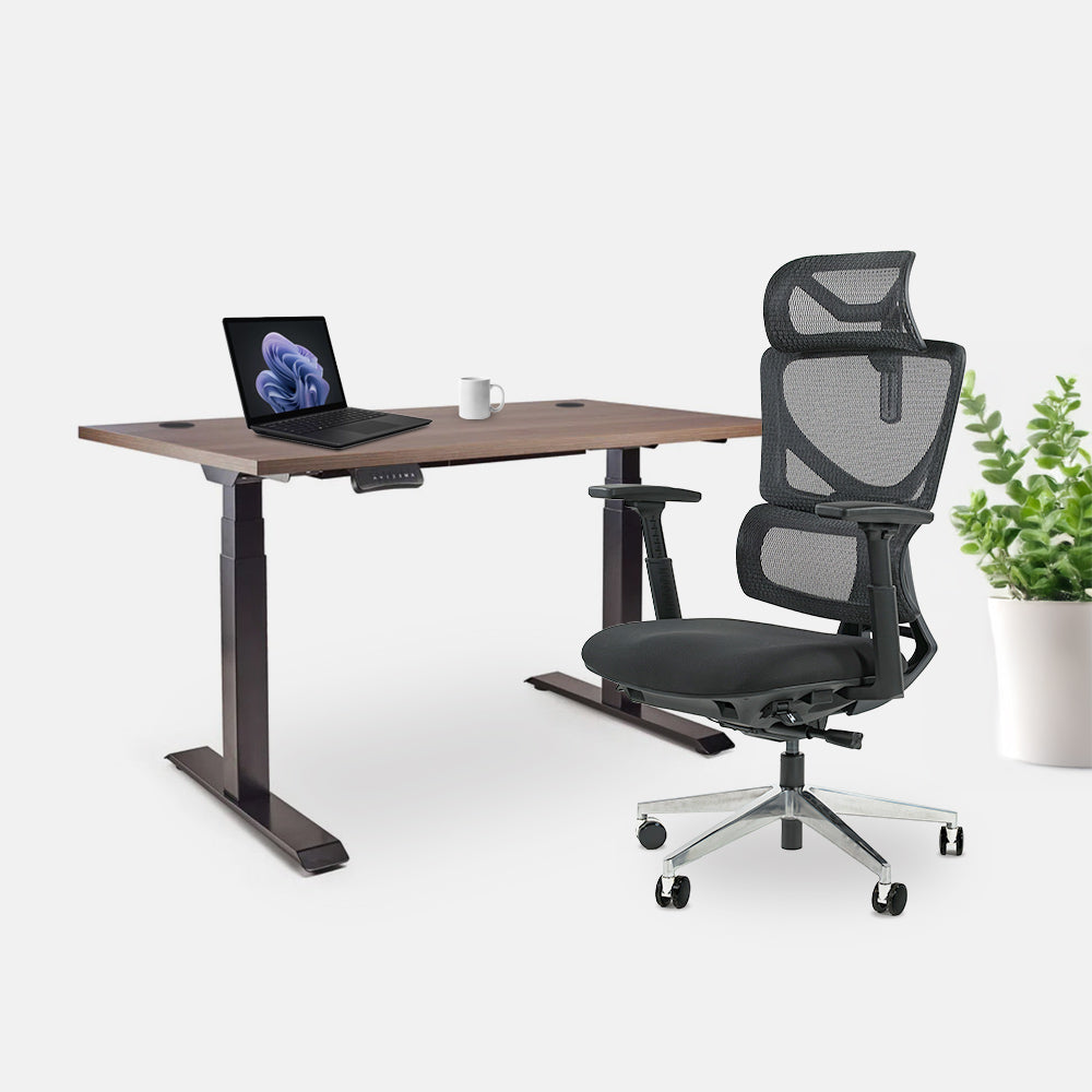 Ергономичен офис стол ErgoPro Lite (Цвят): Черен | Височинно регулируемо бюро Ergo Desk Pro (Цвят на основата): Черен | Цвят на плота: Орех Пасифик табак