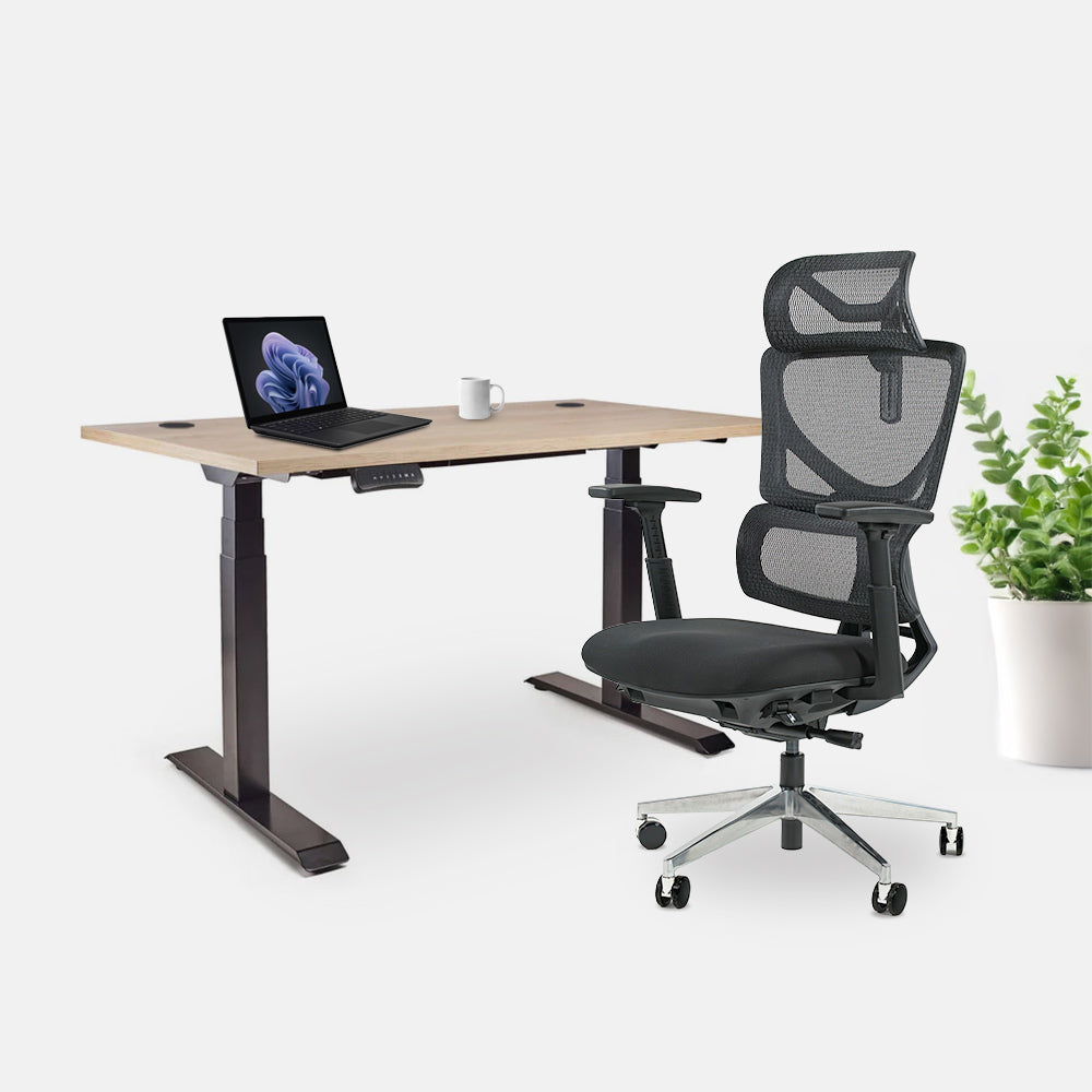 Ергономичен офис стол ErgoPro Lite (Цвят): Черен | Височинно регулируемо бюро Ergo Desk Pro (Цвят на основата): Черен | Цвят на плота: Дъб Небраска натур