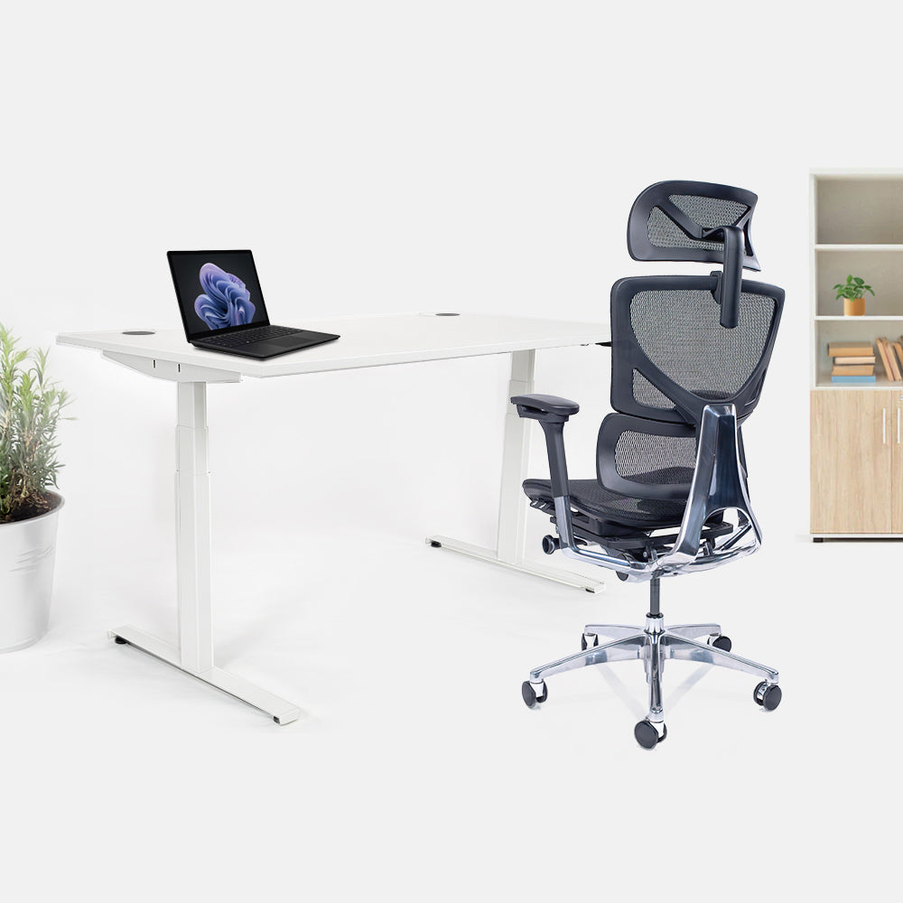 Ергономичен стол Ergo Pro Ultra (Цвят): Черен | Височинно регулируемо бюро Ergo Desk Ultra (Цвят на основата): Бял | Цвят на плота: Бял шагрен