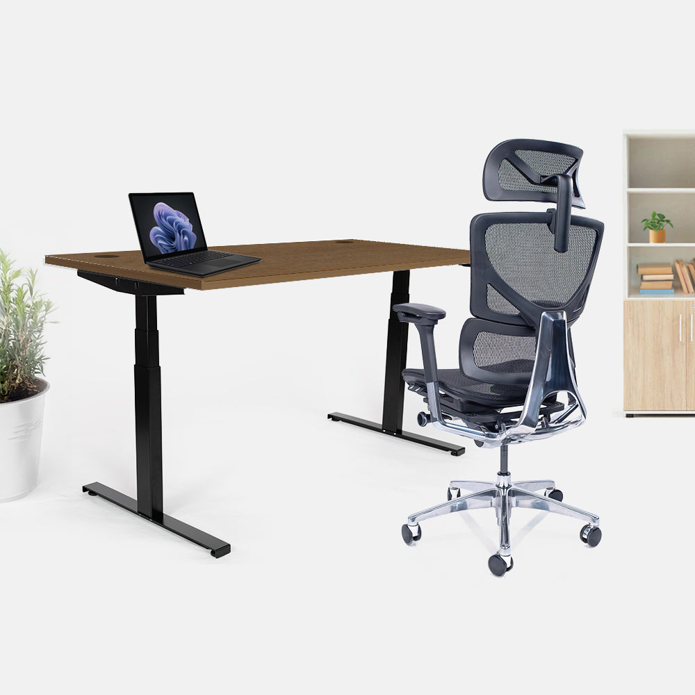 Ергономичен стол Ergo Pro Ultra (Цвят): Черен | Височинно регулируемо бюро Ergo Desk Ultra (Цвят на основата): Черен | Цвят на плота: Орех Пасифик табак