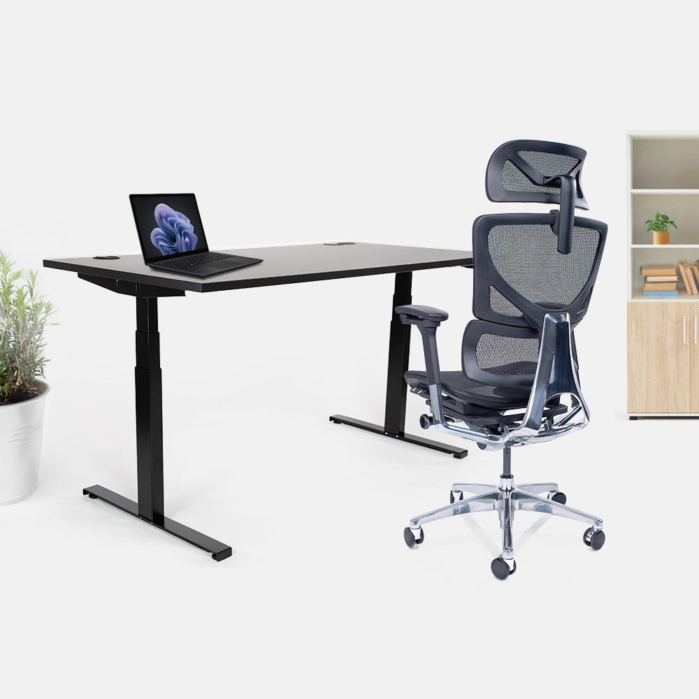 Ергономичен стол Ergo Pro Ultra (Цвят): Черен | Височинно регулируемо бюро Ergo Desk Ultra (Цвят на основата): Черен | Цвят на плота: Черен