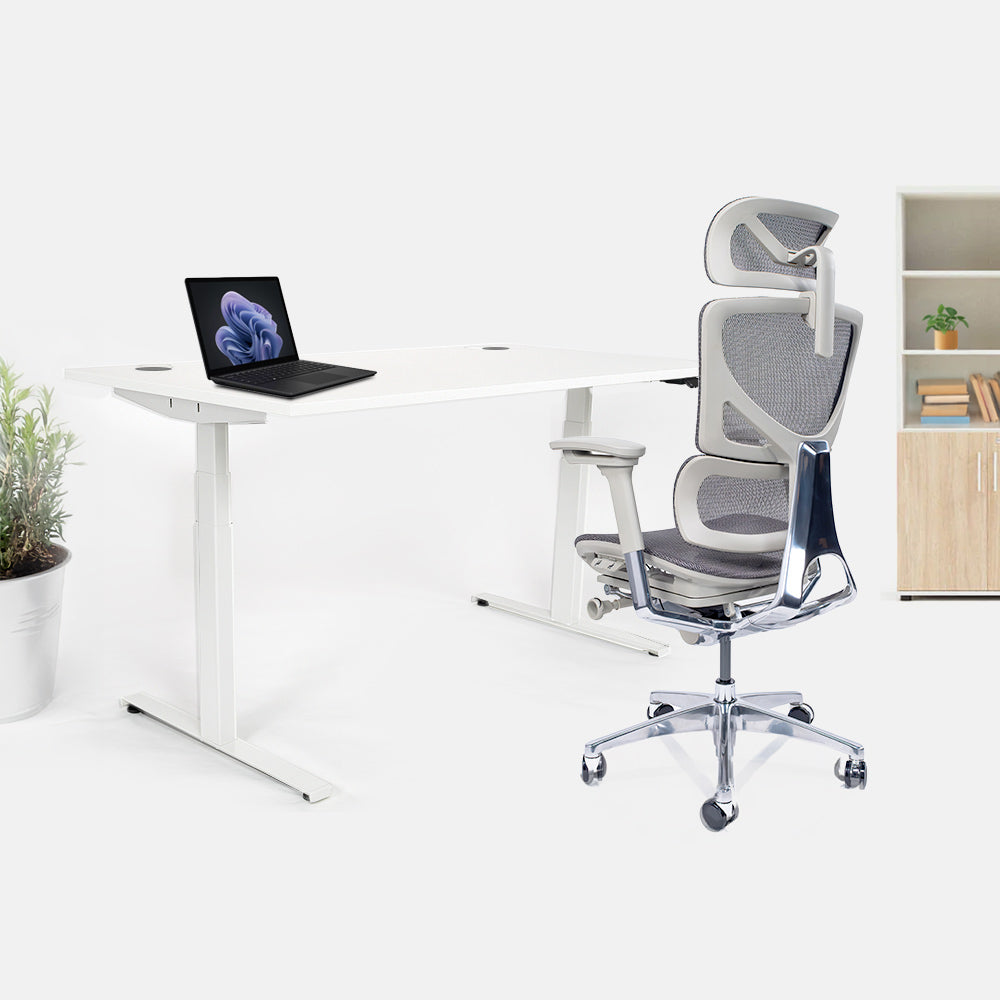 Ергономичен стол Ergo Pro Ultra (Цвят): Сив | Височинно регулируемо бюро Ergo Desk Ultra (Цвят на основата): Бял | Цвят на плота: Бял шагрен