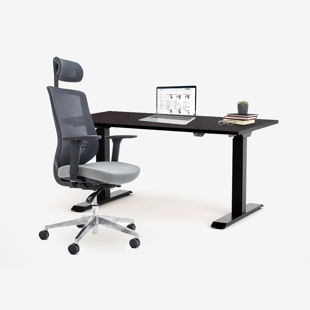 Ергономичен офис стол ChairPro 1000 H (Цвят): Сив | Височинно регулируемо бюро Ergo Desk Basic (Цвят на основата): Черен | Цвят на плота: Черен