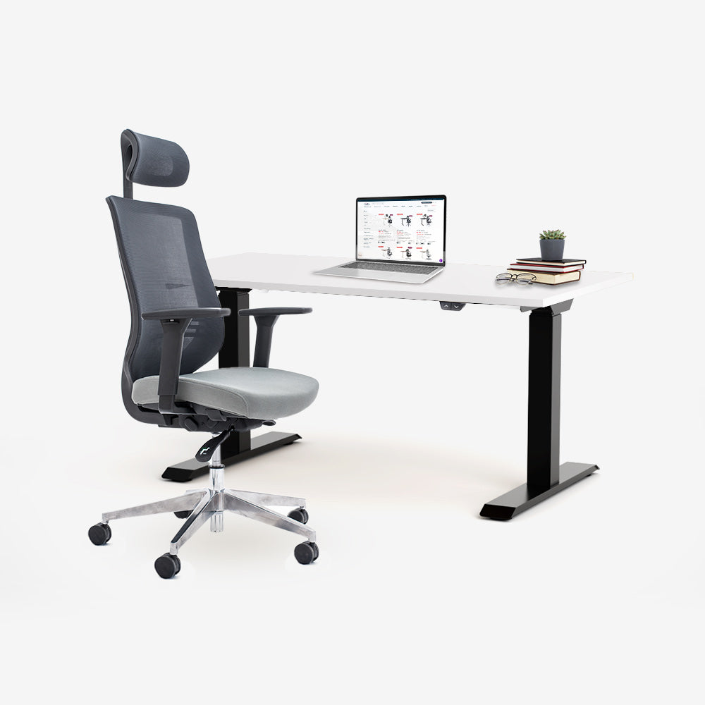 Ергономичен офис стол ChairPro 1000 H (Цвят): Сив | Височинно регулируемо бюро Ergo Desk Basic (Цвят на основата): Черен | Цвят на плота: Бял шагрен